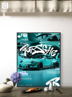 Framed poster of a turquoise Porsche with 'RorShe' branding on a wall.