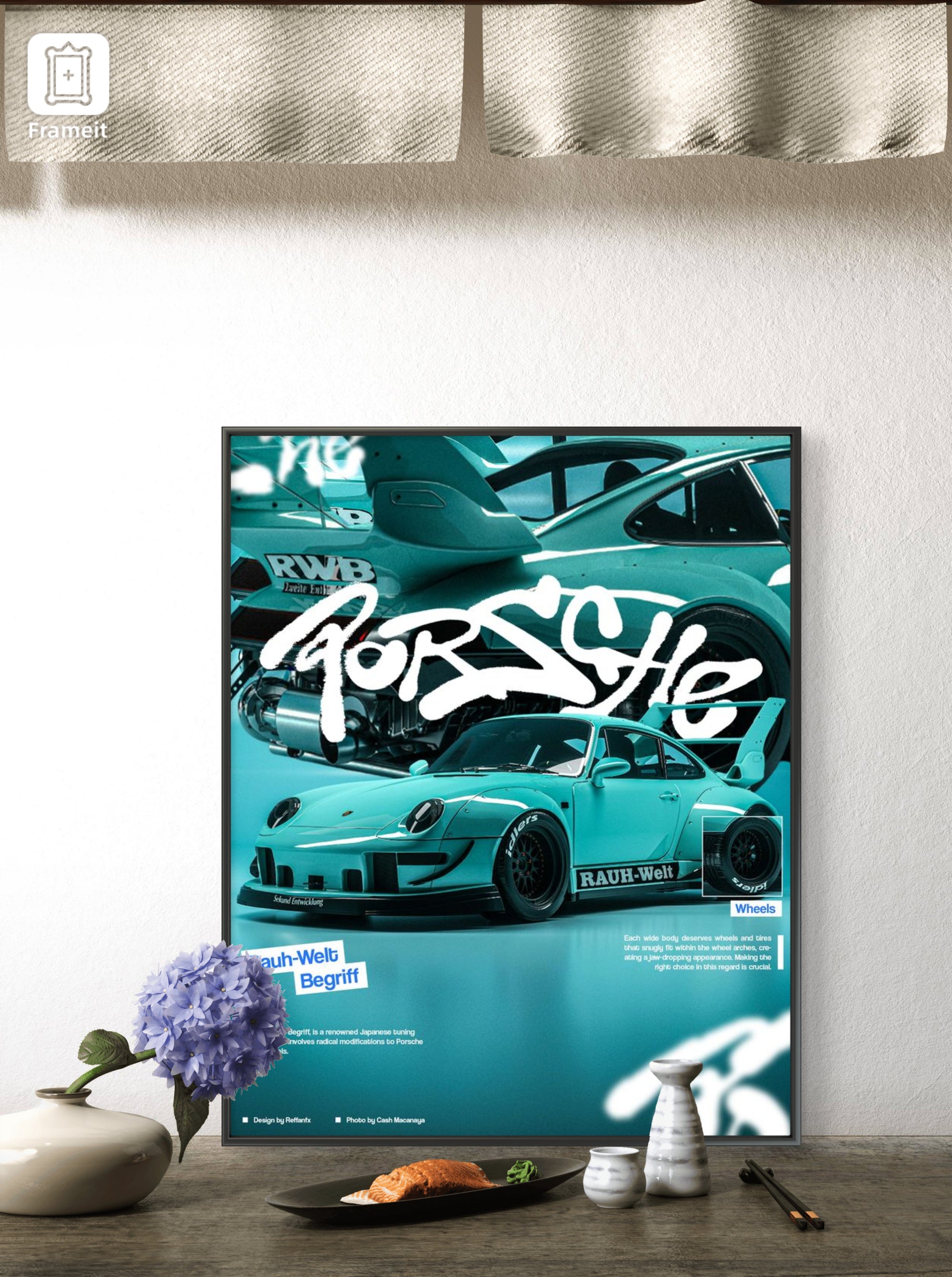 Framed poster of a turquoise Porsche with 'RorShe' branding on a wall.